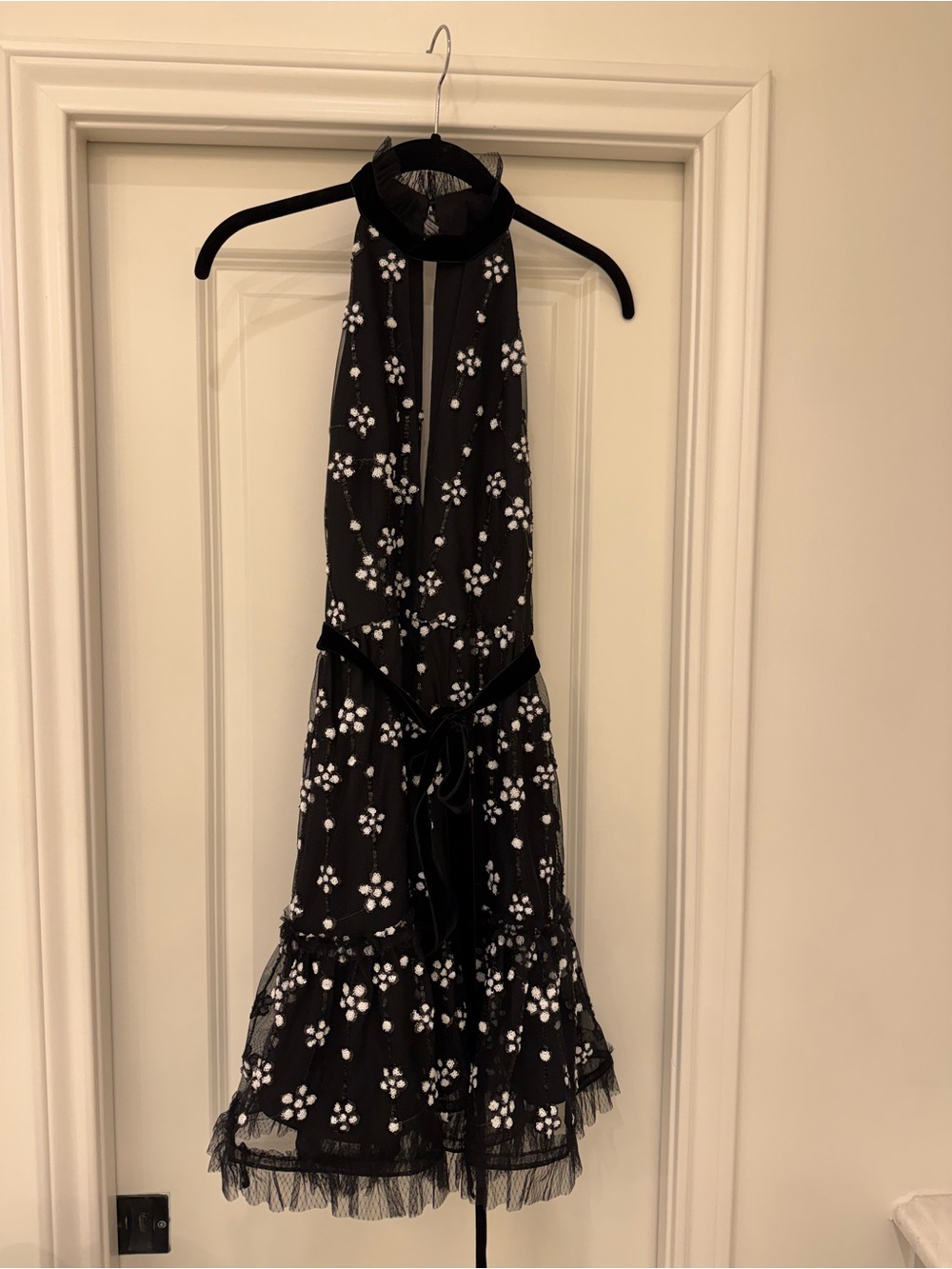 Alexis Black Dress with White Floral Embroidery and Velvet Waist Tie